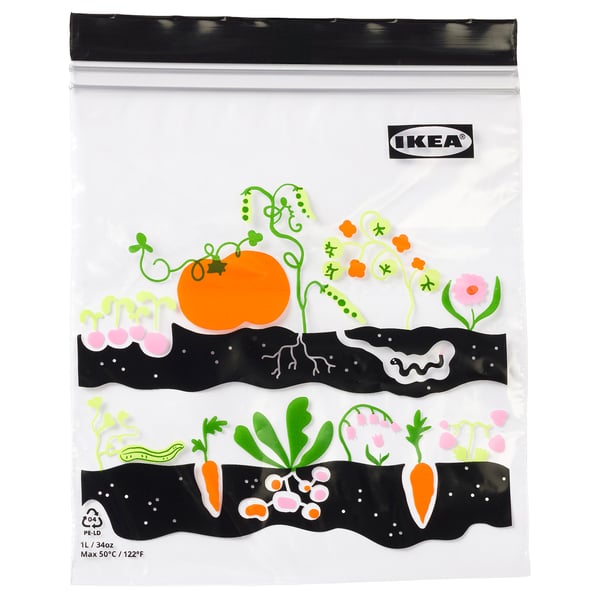IKEA ISTAD bag, clear with colourful garden design. Made from renewable materials.