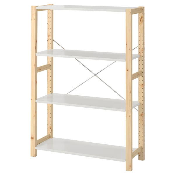IVAR pine wood bookshelf, 3 white shelves, angled brace support, minimalist design.