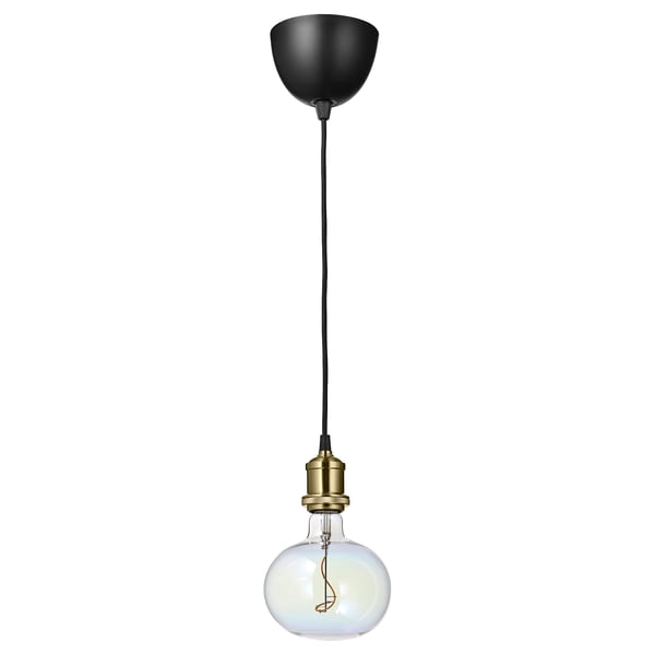 JÄLLBY pendant lamp. Black ceiling cup, brass socket, bulb shaped like a colourful bubble.