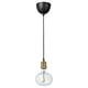 JÄLLBY pendant lamp. Black ceiling cup, brass socket, bulb shaped like a colourful bubble.