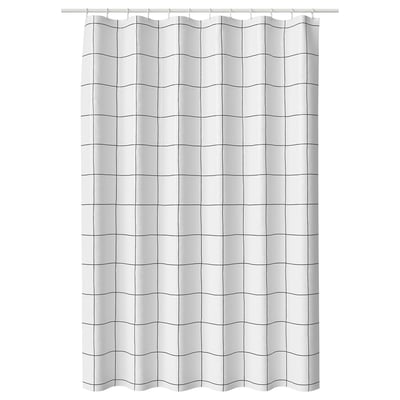 White JÄMTSTARR shower curtain, grid lines, recycled polyester, water-repellent.