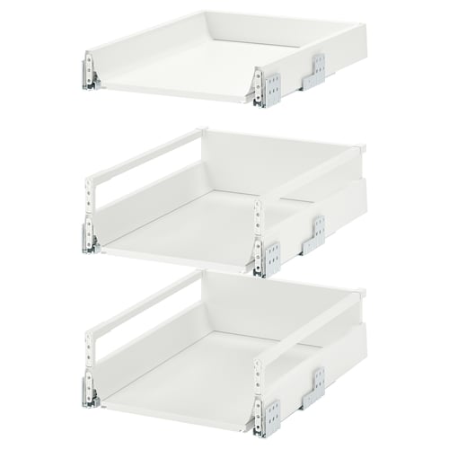 Three white JÄRNBODA kitchen drawers stacked vertically, each with metal runners and a sleek design.