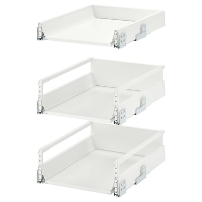Three white JÄRNBODA kitchen drawers stacked vertically, each with metal runners and a sleek design.