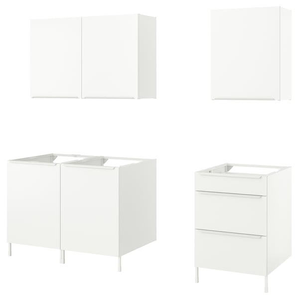 This image a modern white kitchen unit set named JÄRNBODA, displaying base and wall cabinets with drawers and shelves.