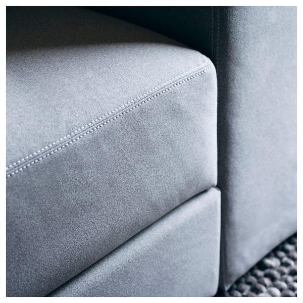 Close-up of JÄTTEBO sofas grey, soft, modern design with upholstery in recycled polyester.