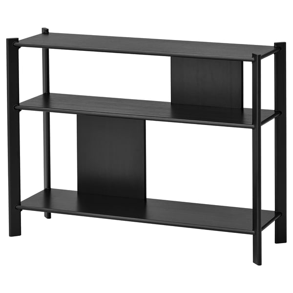 A sleek black JÄTTESTA storage shelf, featuring bamboo shelves and angular metal legs. Modern and stylish, its perfect for both storage and display.