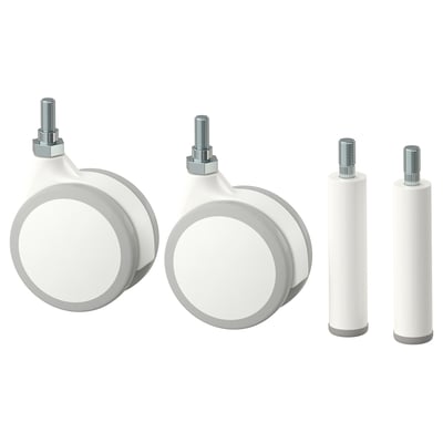 Set of 4 white JONAXEL castors, 2 with bolts, 2 without, made of polypropylene plastic.