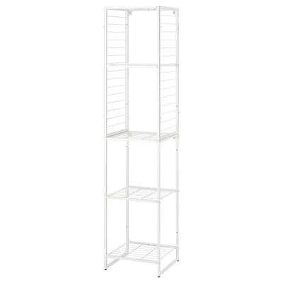 White JOSTEIN storage shelf with four open shelves, suitable for indoor and outdoor use.