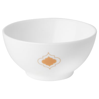 White round bowl with gold geometric pattern, glassware.
