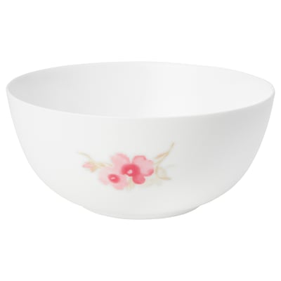 KALASBRA bowl: white glass with pink flowers, dishwasher/microwave safe, stacks.