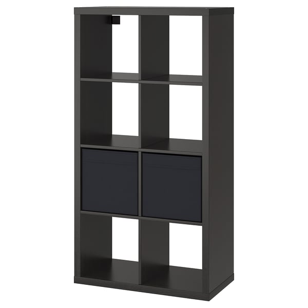 KALLAX black modular storage unit with multiple cubicles for versatile use.