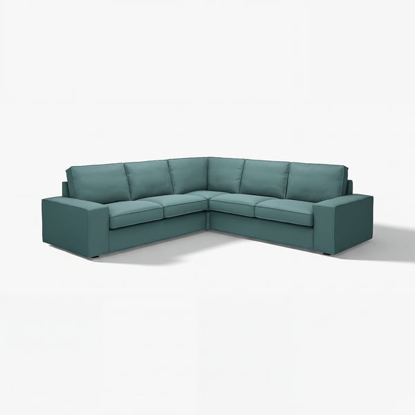 Teal KIVIK sectional sofa, modern design, wide seats, low armrests, comfortable, cleanable fabric cover.