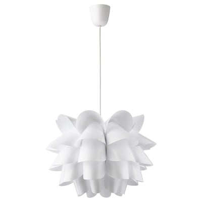 A KNAPPA pendant lamp. It is white, made of recycled polypropylene, featuring a floral design. The lamp hangs from a cord.
