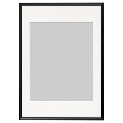 Black rectangular frame, thin border, grey insert, for wall display, safe plastic front.
