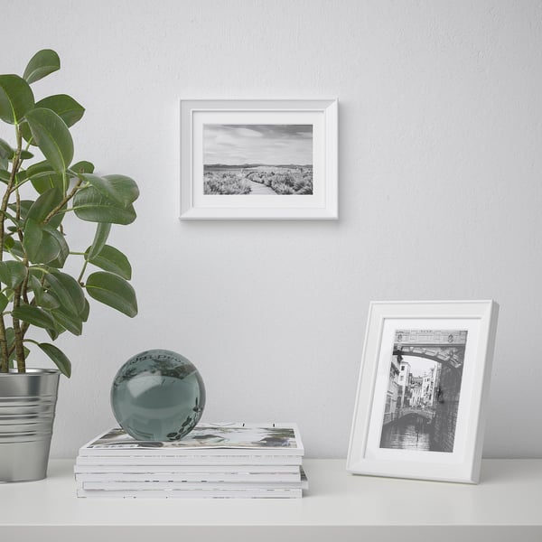 A styled shelf holds a plant, decorative sphere, and two photo frames, one with a canal image, another with a landscape, against a light wall.