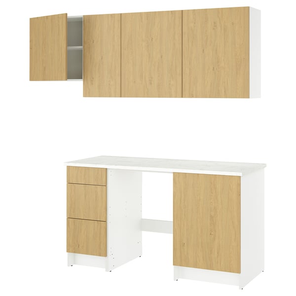 KNOXHULT kitchen setup: white base, light wood drawers, wall cabinets. Modern, functional design.