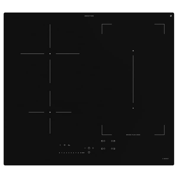 A black KOLSTAN induction stove with four cooking zones and a bridge plus zone. It has touch controls for easy use and energy-efficient cooking.