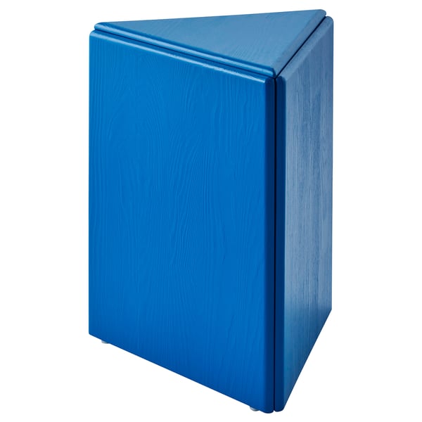 Blue triangular wooden stool with visible grain, solid pine, modern design.