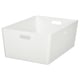 A white KUGGIS storage box with handles on three sides. It’s designed for storing bulk items and is made of recycled plastic.