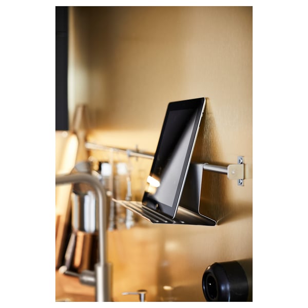 Metal kitchen tablet holder, silver, wall-mounted.