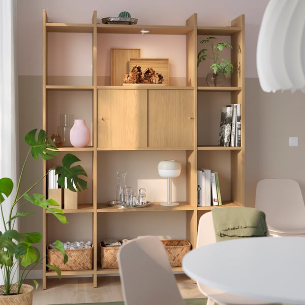 LÅDMAKARE Storage combination w sliding doors, with shelves/oak effect, 158x35x212 cm