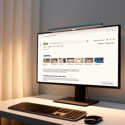 Modern desk with ikea LAGERGÅNG lamp on monitor, keyboard, and mouse.
