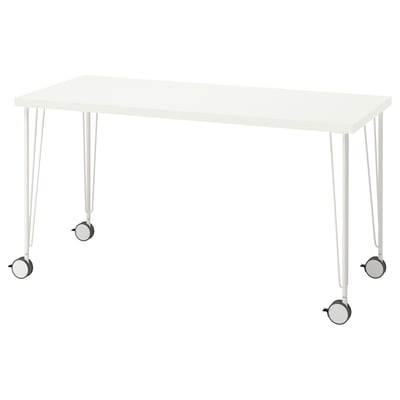 LAGKAPTEN white desk, rectangular top, four legged with wheels.