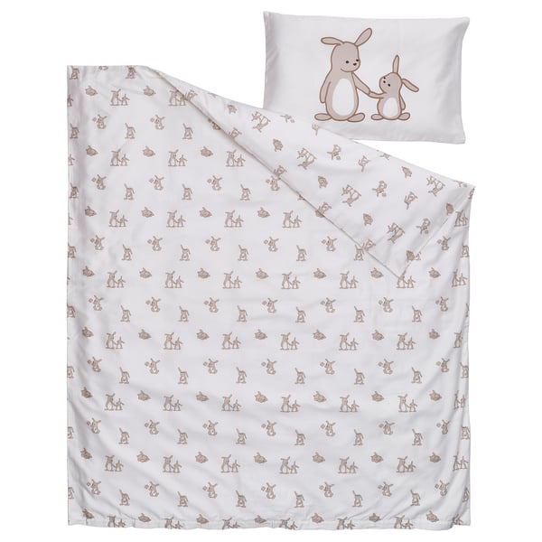 LEN Duvet cover 1 pillowcase for cot, white beige/bunny pattern, 110x125/35x55 cm