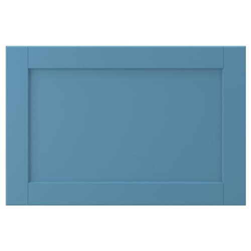 LERHYTTAN blue drawer front, wooden with bevelled edges and inset panel.