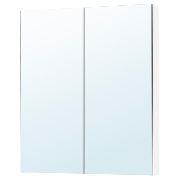 A white LETTAN wall cabinet with mirrored doors that offers storage and reflect light.