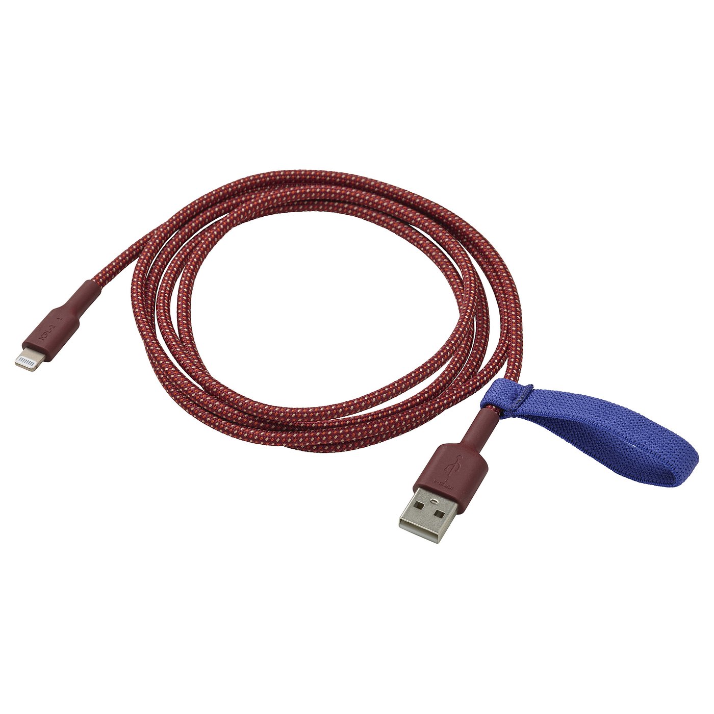 LILLHULT red usb cable, 1. 5m, braided design, rubber connectors, blue elastic band.
