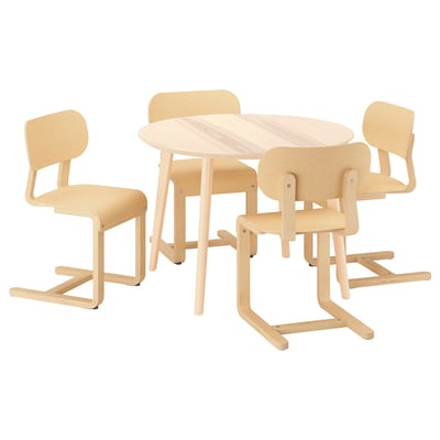 Wooden dining set with round table & 4 cantilever chairs, ash veneer & birch.