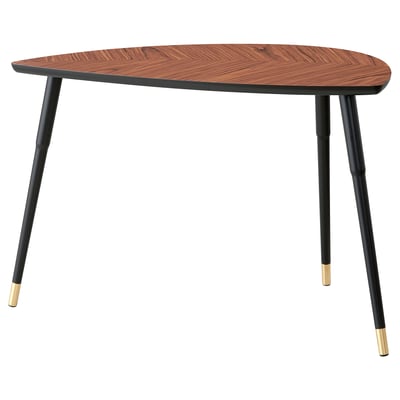 Triangular brown desk with brass-capped legs, herringbone top.