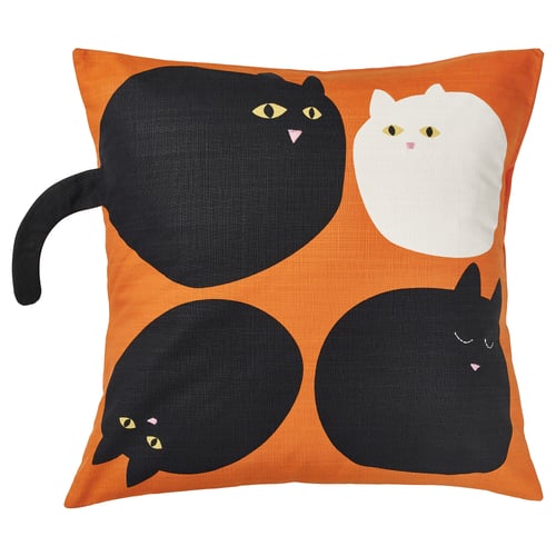 MÄVINN cushion, orange with black & white cat designs, square shape, embroidered details.