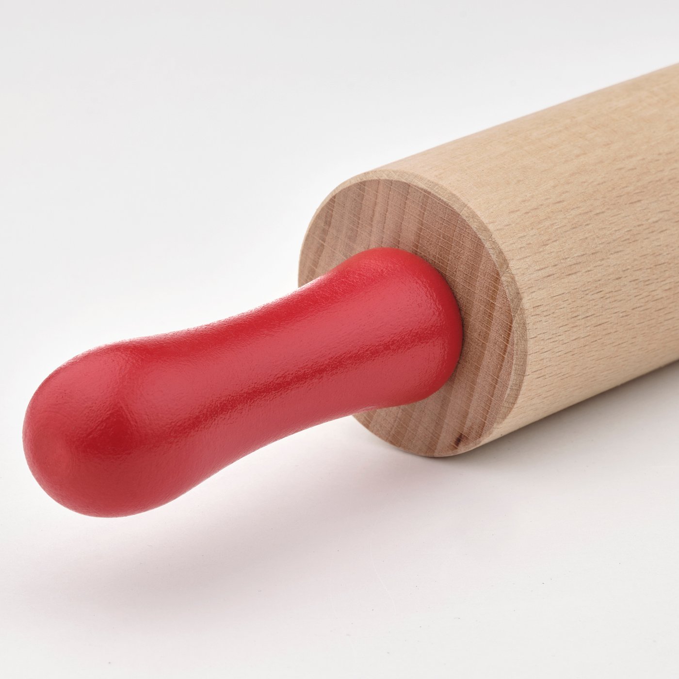 A wooden rolling pin with a red handle and light wooden body, lying horizontally. The red handle is shaped for easy gripping.