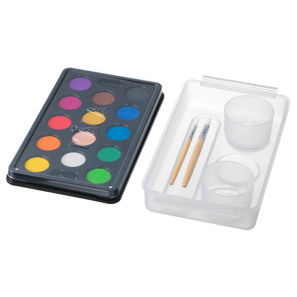 MÅLA art set: 12 colour pans, 2 brushes, plastic case & water cups. Bright, organised, kid-friendly design.