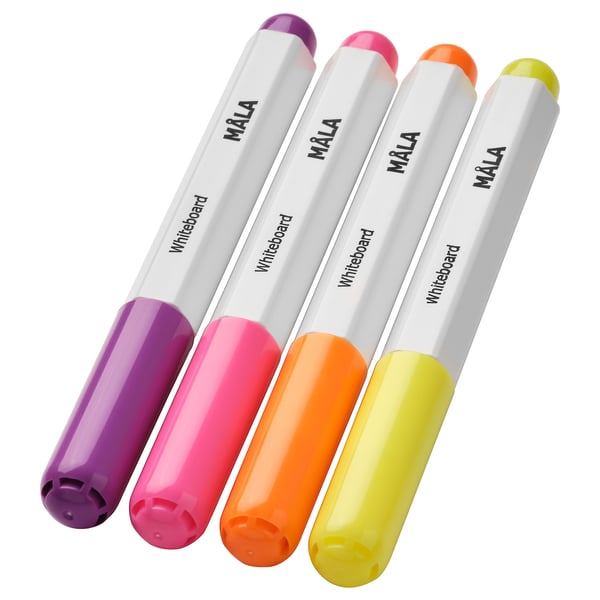 Four MÅLA whiteboard pens, colourful tips: purple, pink, orange, yellow, white barrels, child-friendly grips, and non-toxic.