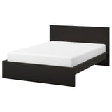 MALM black bed with white mattress, sleek modern design, rectangular shape, wooden frame.