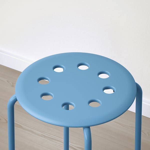 Blue stool with holes, 4 legs, stackable.