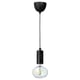 Elegant black pendant lamp with marble socket, hanging led bulb, multicoloured, shimmering like a bubble.