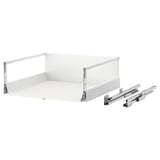 MAXIMERA white drawer with silver runners. Fully extendable, soft-close, white melamine interior. Drawer stop and self-closing mechanism.