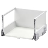 MAXIMERA white drawer with metal runners, rectangular, fully extendable with soft-close mechanism.