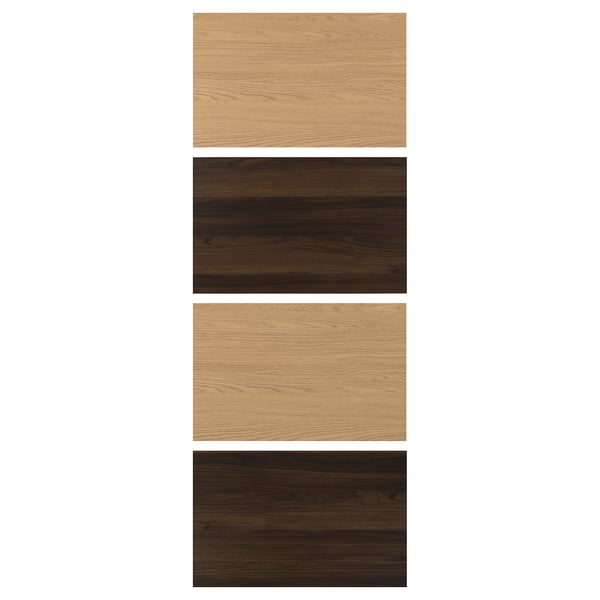 Four wooden panels in two shades, light brown and dark brown, displayed vertically. Light-colored panels top and bottom, darker in middle.