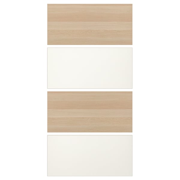 MEHAMN sliding doors. The doors are double-sided with wood and white finishes. They are made of fibreboard with a paper foil finish.