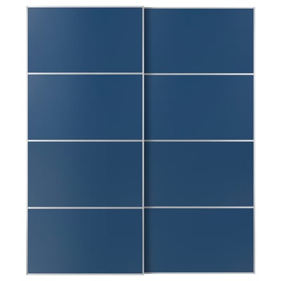 Blue sliding closet doors with aluminium & fiberboard, sleek design, soft-close.