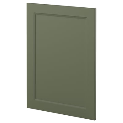 Green METOD kitchen cabinet door, rectangular, flat panel, recycled plastic front, dark green.
