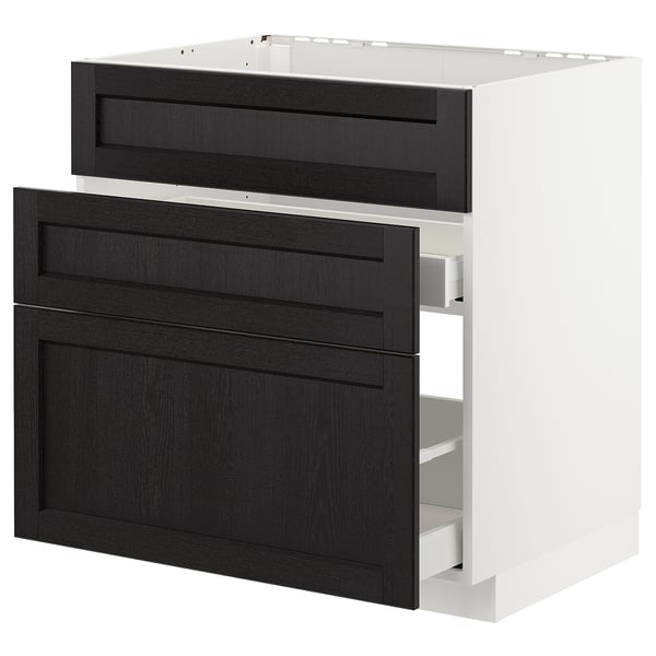 METOD kitchen cabinet: 2 black drawers, white frame, modern-traditional mix.