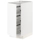 White kitchen unit with metal shelves.