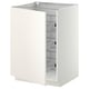 A white METOD base cabinet from IKEAs kitchen system with open wire baskets.