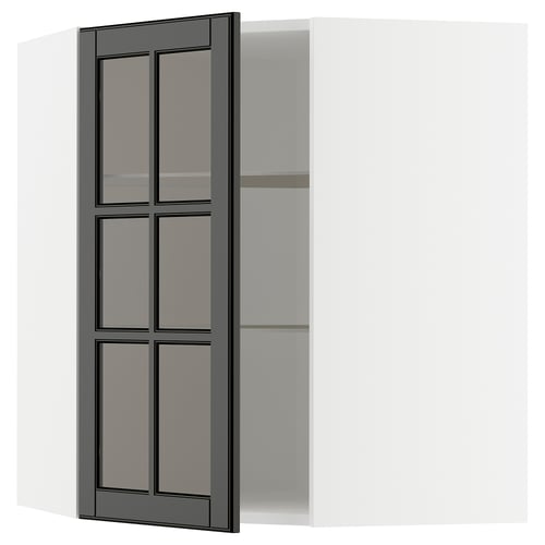 Modern black kitchen cabinet with glass doors, adjustable shelves.